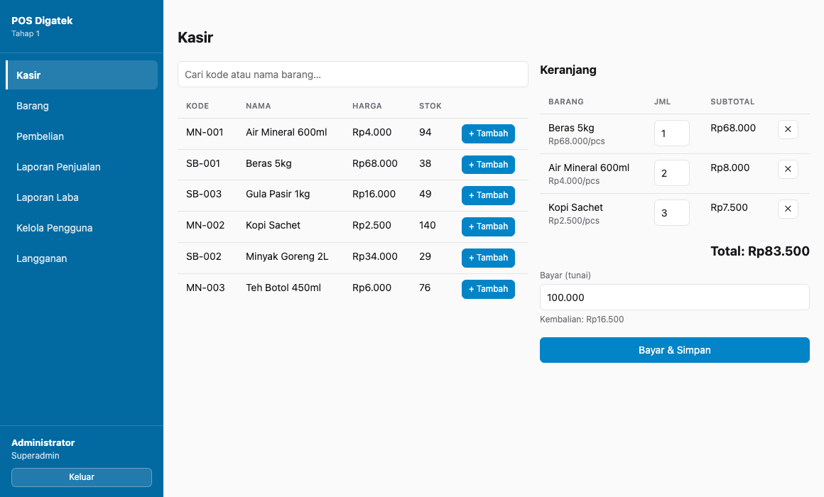 Tampilan layar Kasir POS Digatek